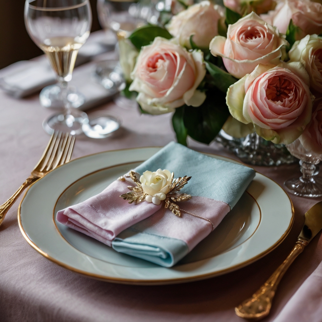 Pastel fabric napkins folded into intricate designs, paired with pearl napkin rings for a refined setting.