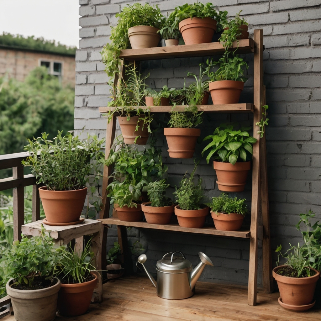 A charming balcony with a raised wooden planter filled with fresh herbs like basil and mint. Hanging planters and terracotta pots create a lush, functional space.