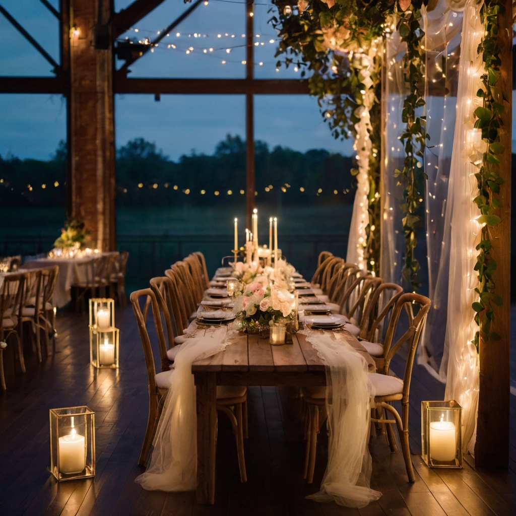 A sheer table runner with delicate fairy lights woven in, casting a soft, magical glow. The perfect touch for an elegant baby shower setup.