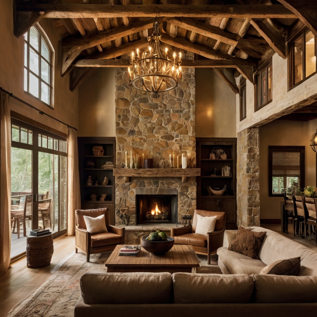 A high-ceiling farmhouse living room with exposed wooden beams and a stone fireplace. Warm chandelier lighting enhances the natural textures of the wood.