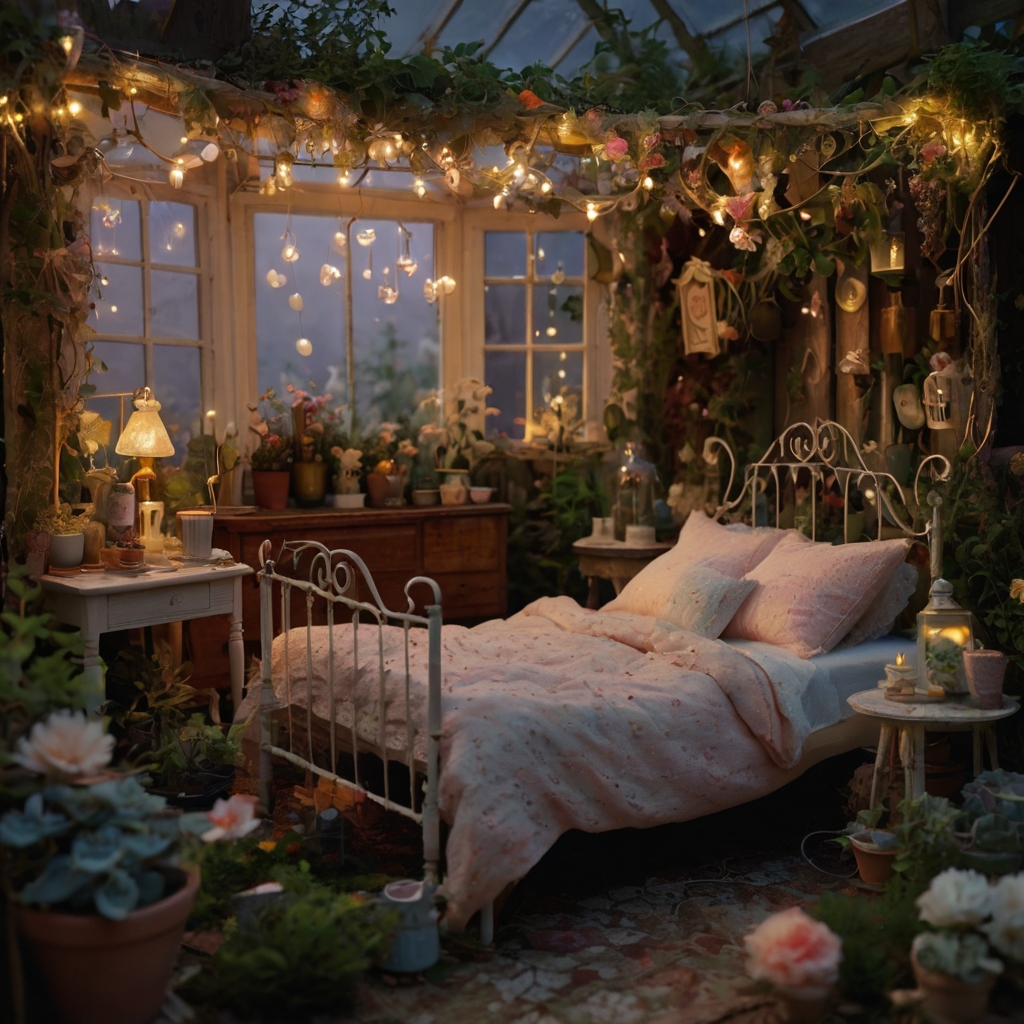 A magical bedroom with tiny plants, fairy lights, and pastel floral patterns. Soft, flickering lamps create a dreamy, angelic atmosphere.