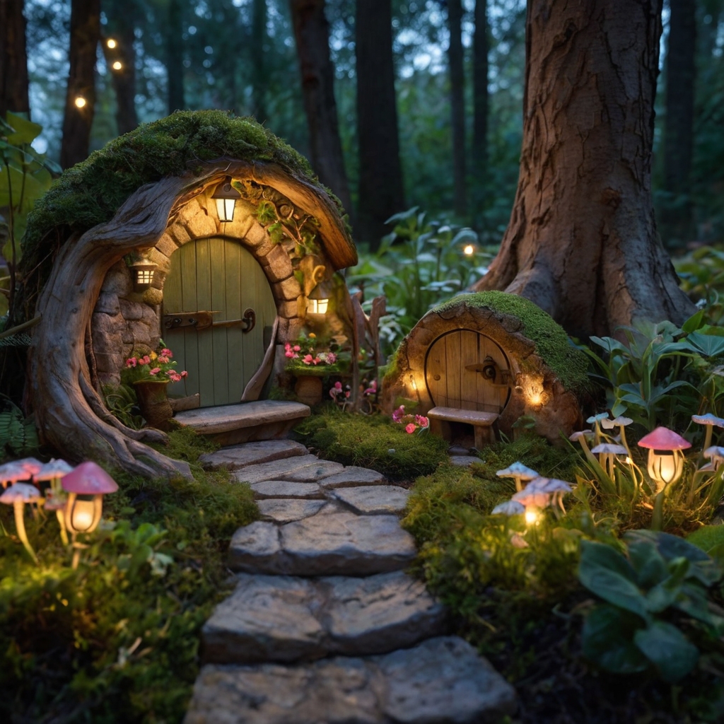 A hidden garden with fairy doors, twinkling lights, and tiny benches. Kids explore enchanted paths filled with nature’s magic.