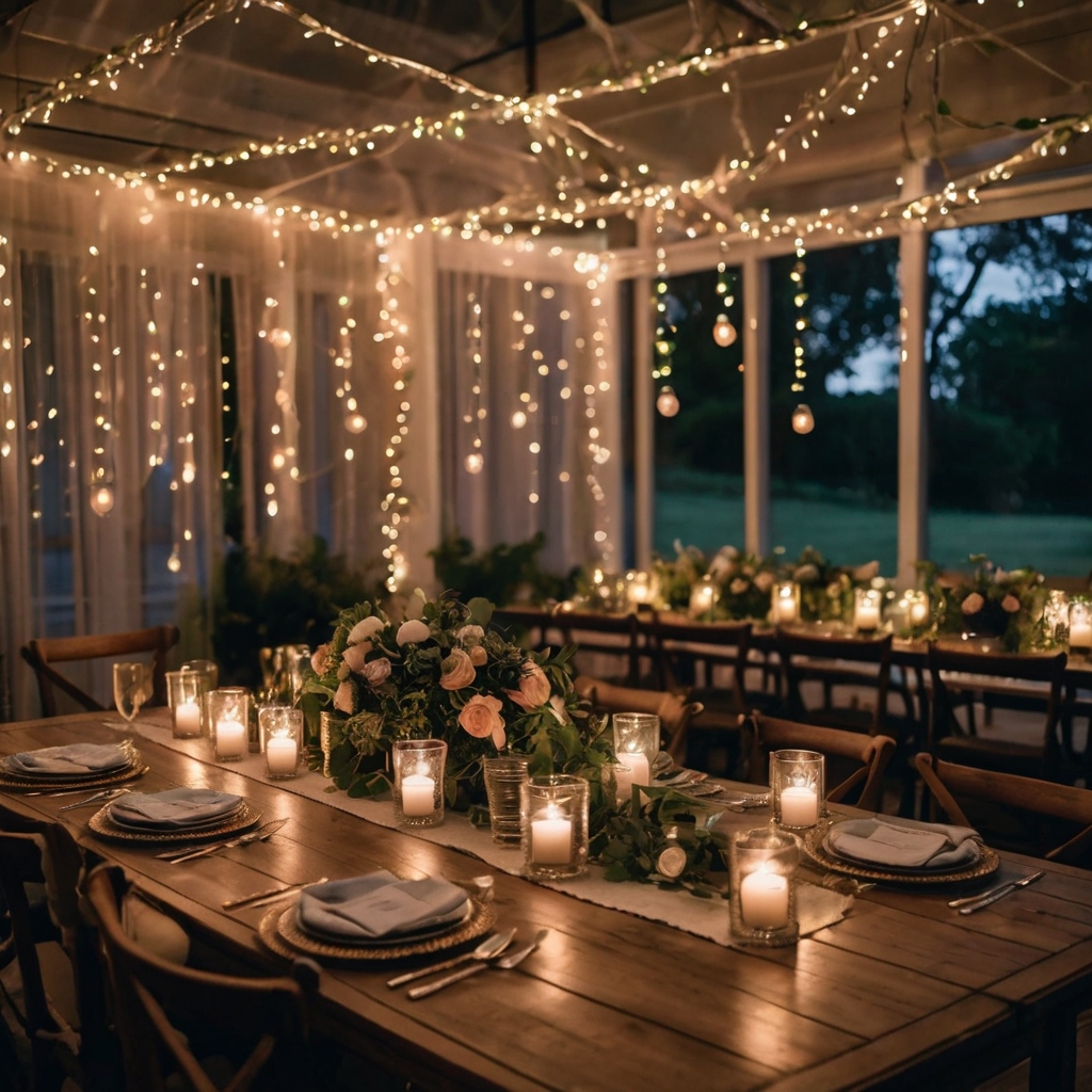 Warm fairy lights woven through lush greenery and floral accents, creating a cozy and whimsical table setting.