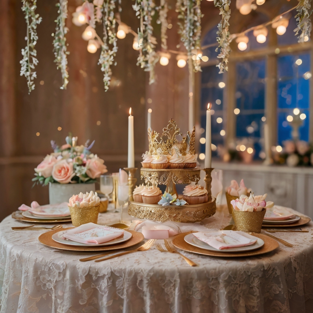 Golden crowns, pastel butterflies, and twinkling star decorations creating a magical, fairy-tale ambiance.