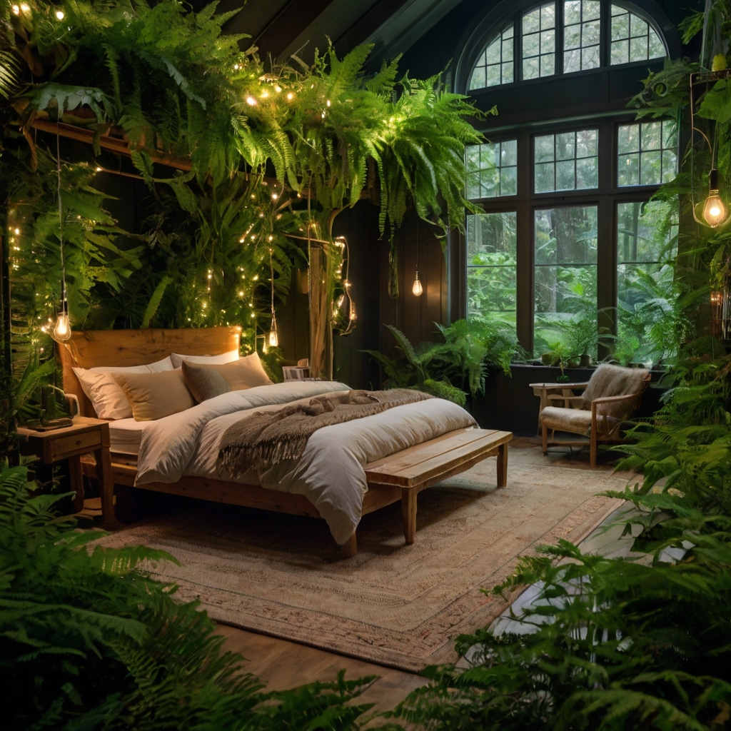 A dreamy bedroom surrounded by ferns and fairy lights, with natural wood furniture. Soft lighting filters through the plants, creating an enchanted atmosphere.