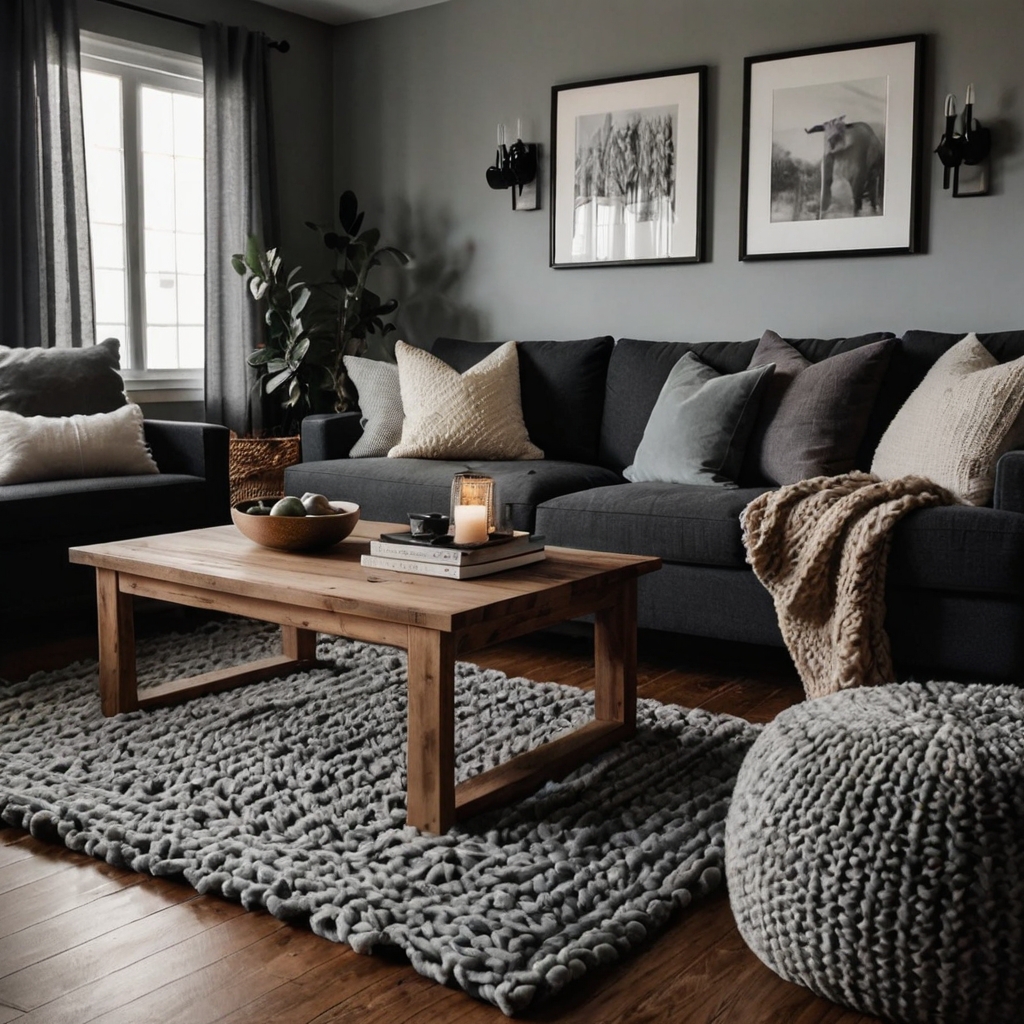 A dark grey couch with soft throws and plush ottomans invites relaxation. A wool rug and warm lighting create a cozy family retreat.