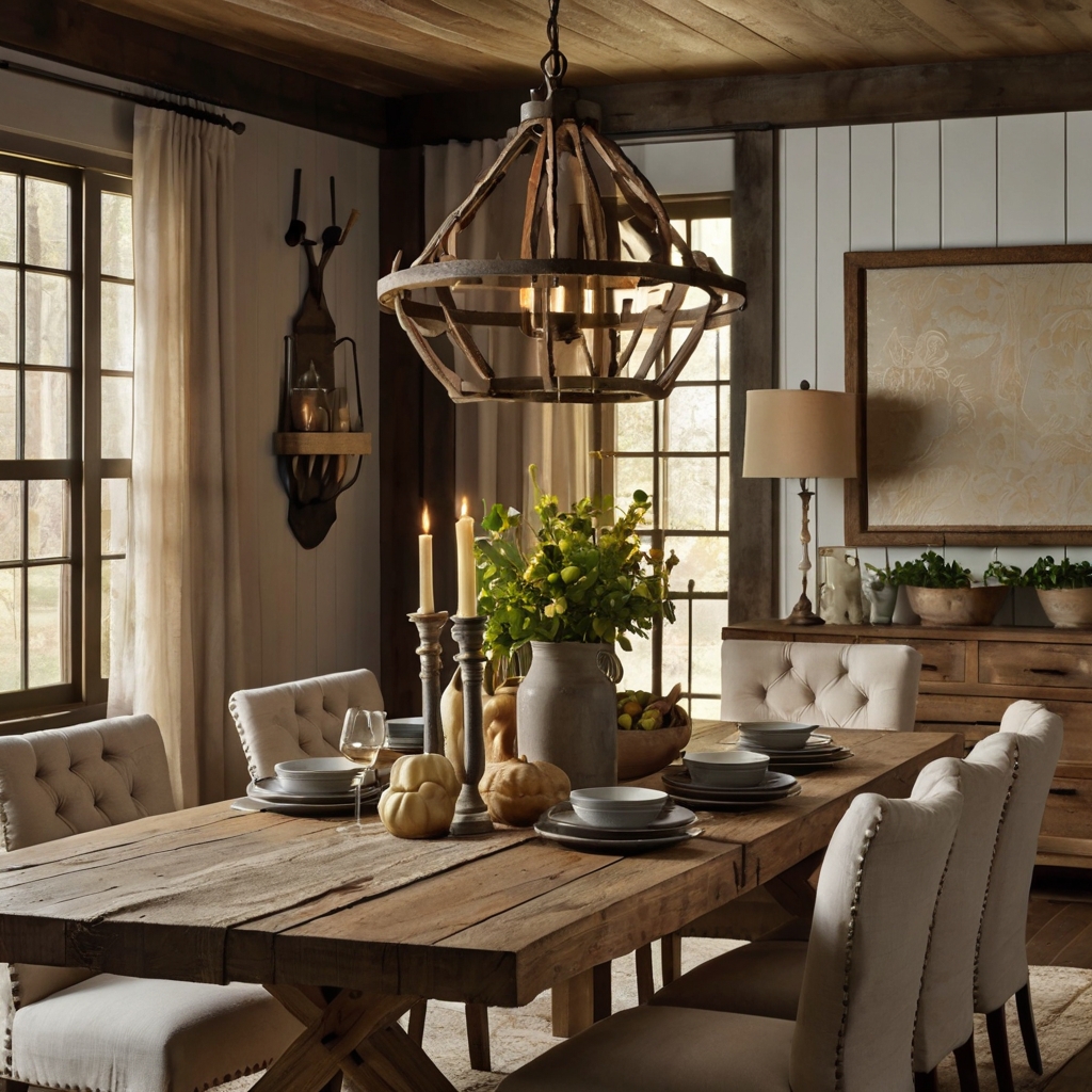 A rustic wooden dining table set with linen napkins and ceramic plates. Overhead pendant lighting casts a golden glow over the weathered wood.