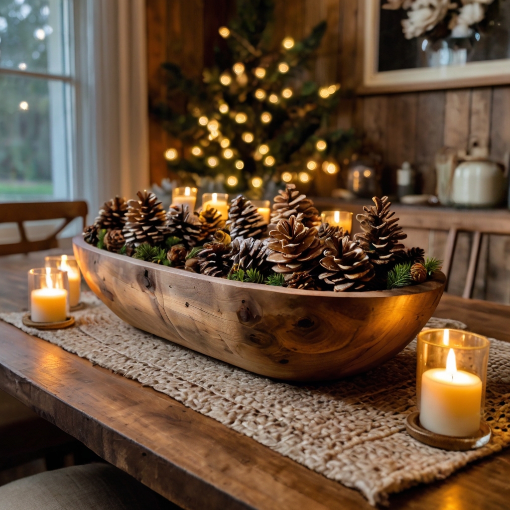 A wooden dough bowl with pinecones and dried flowers glows with LED lights. The organic textures create a warm, farmhouse-inspired centerpiece.