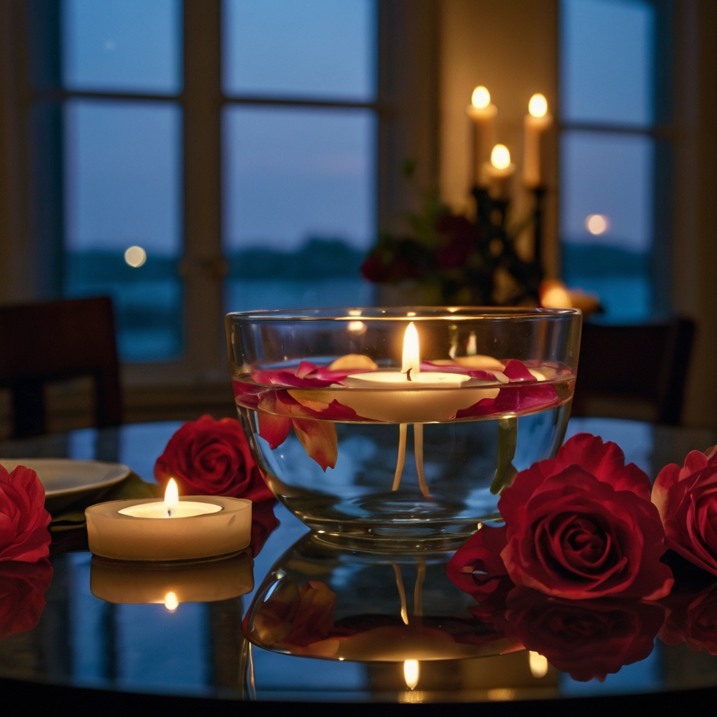 A glass bowl with floating candles and flower petals glows on a dining table. The warm candlelight reflection adds a cozy, elegant touch.