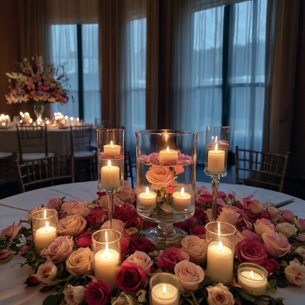Elegant glass bowls filled with floating candles and petals, casting a romantic glow over the baby shower table.