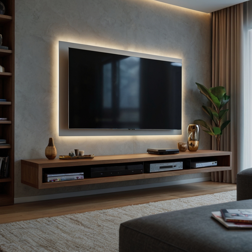 A modern small apartment with a wall-mounted floating TV unit. Concealed wiring and soft LED lighting add a sleek, minimalist touch.