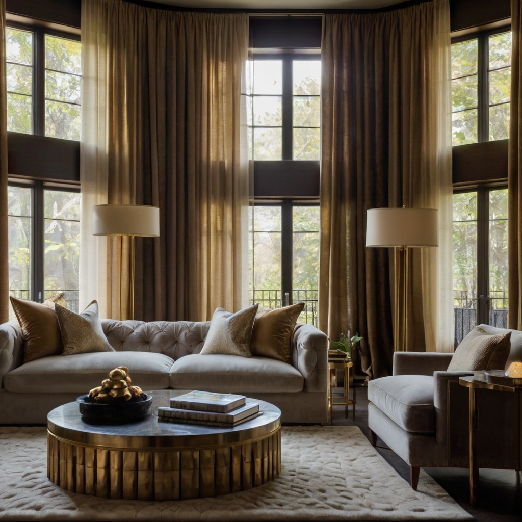 Luxurious, flowing curtains frame a sunlit window, adding height and depth. The soft fabric drapes elegantly, complementing the refined decor.