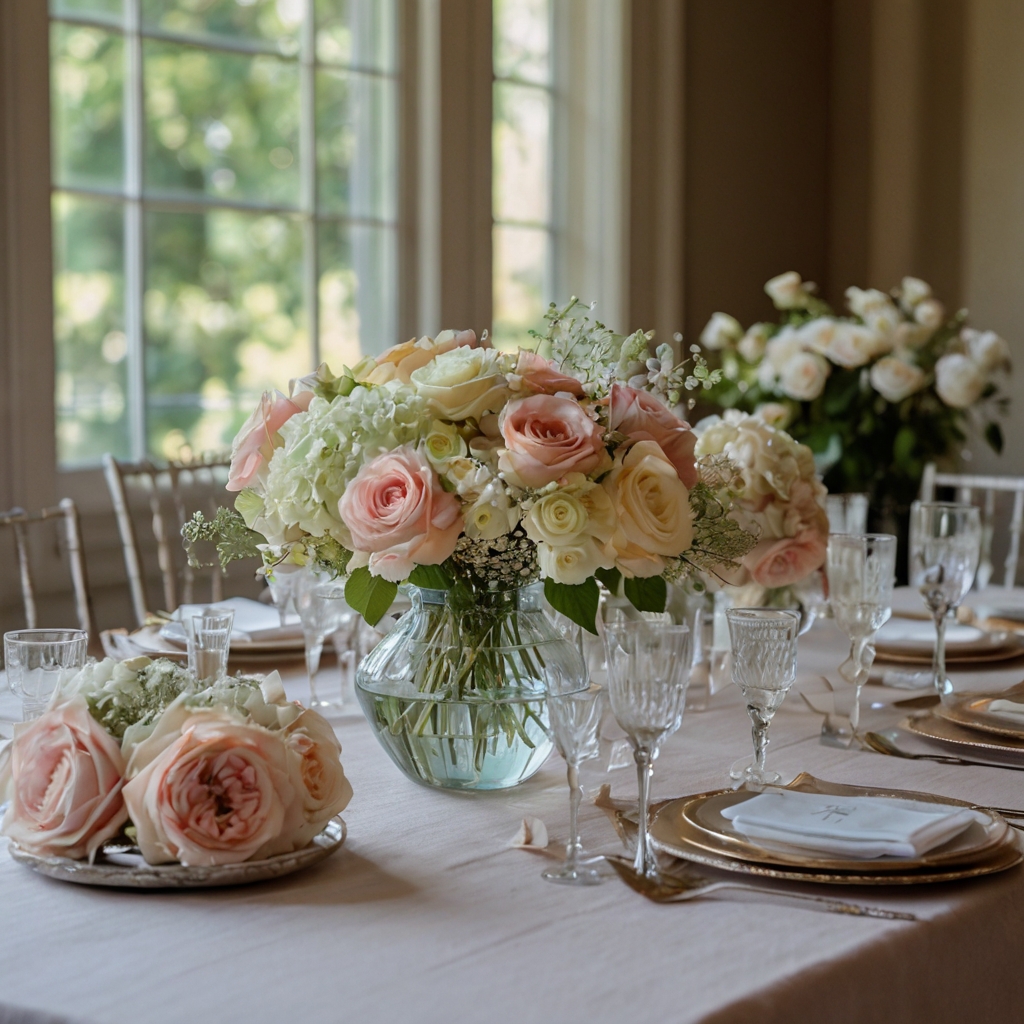 Pastel-hued roses and hydrangeas elegantly arranged in vintage glass vases. A timeless floral display for a baby shower.