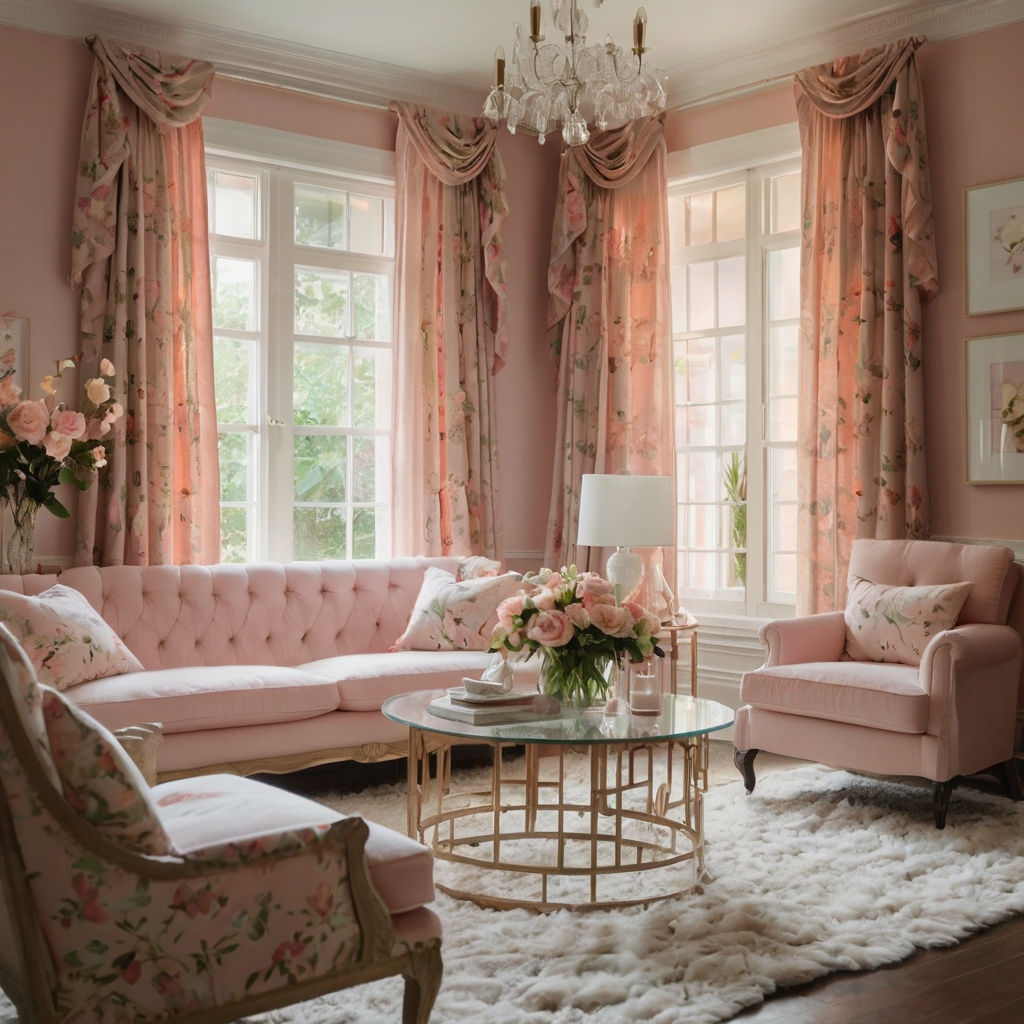 A blush pink couch surrounded by floral prints and pastel decor. Natural daylight creates a fresh, romantic feel.