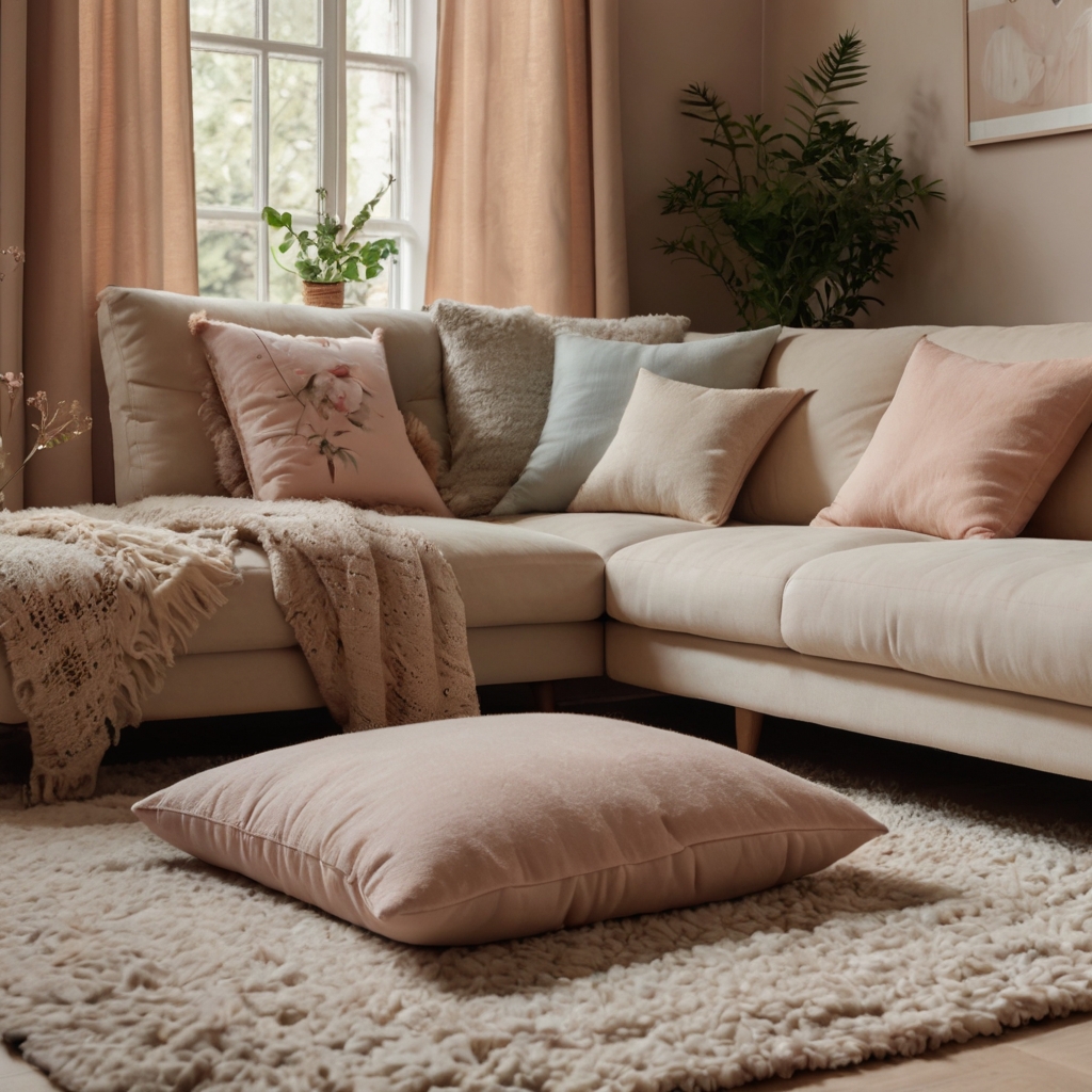 A pastel-themed living room with soft cushions and a fluffy beige rug. A side table with a book and tea creates a relaxing space.