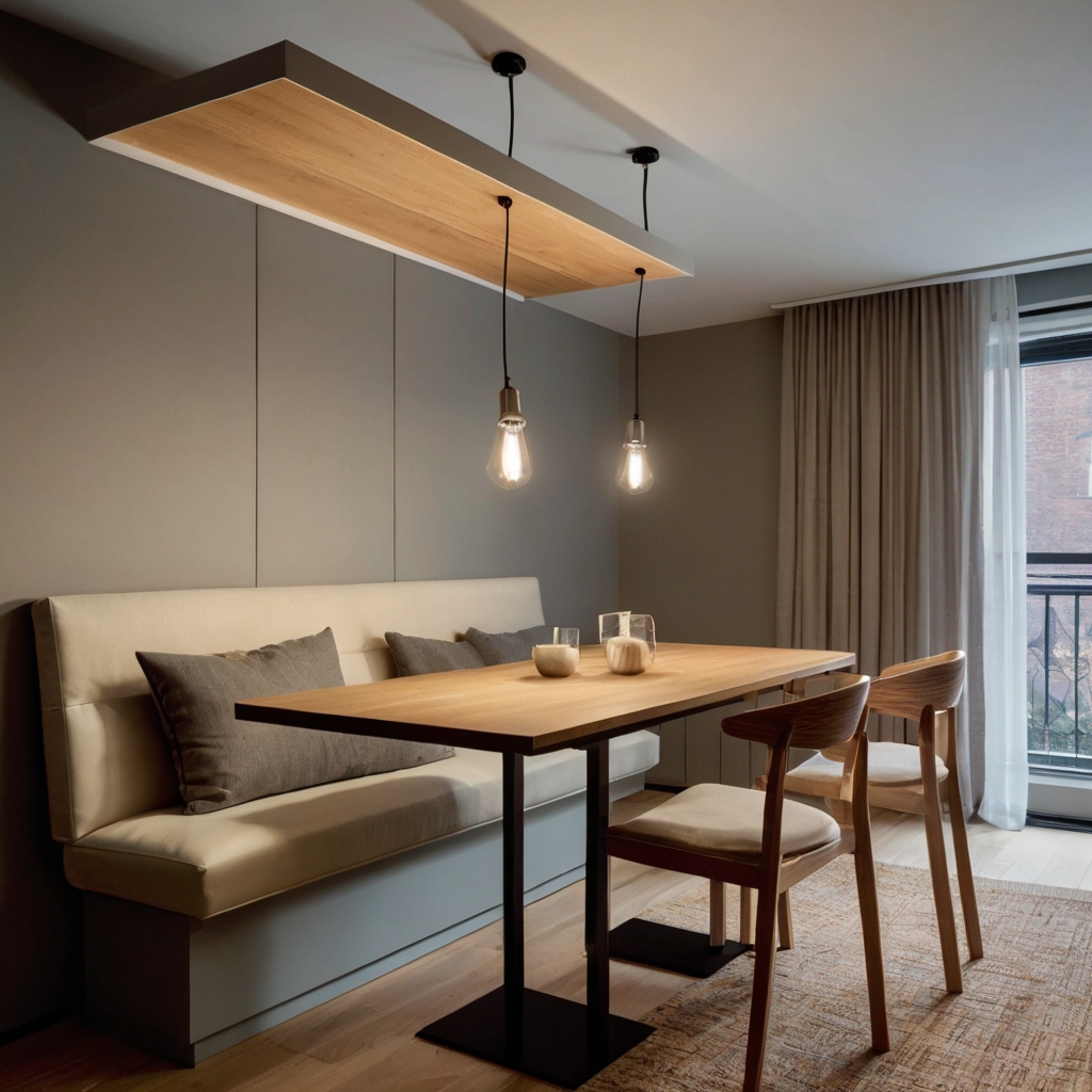 A fold-down wall-mounted dining table with stackable stools. The space transforms effortlessly with warm pendant lighting.