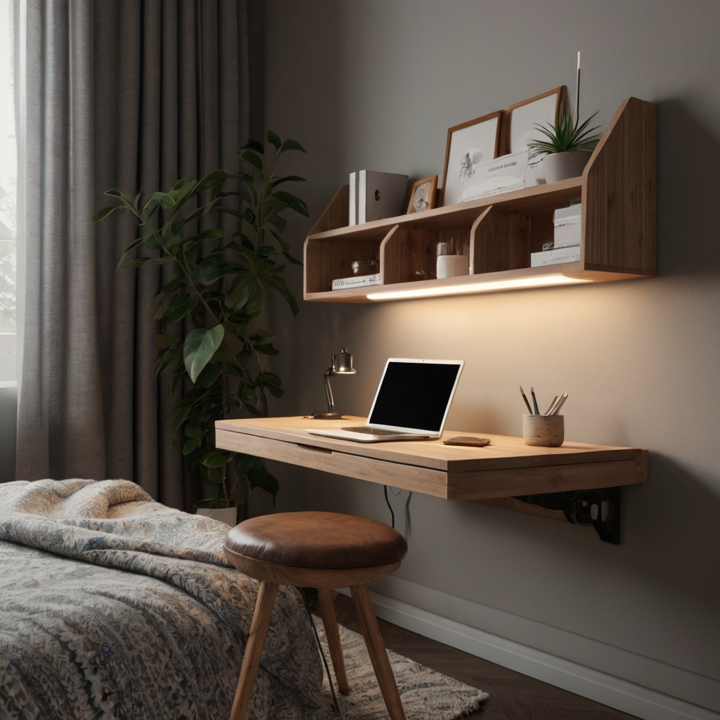 A compact wall-mounted foldable desk blending seamlessly into a minimalist bedroom.