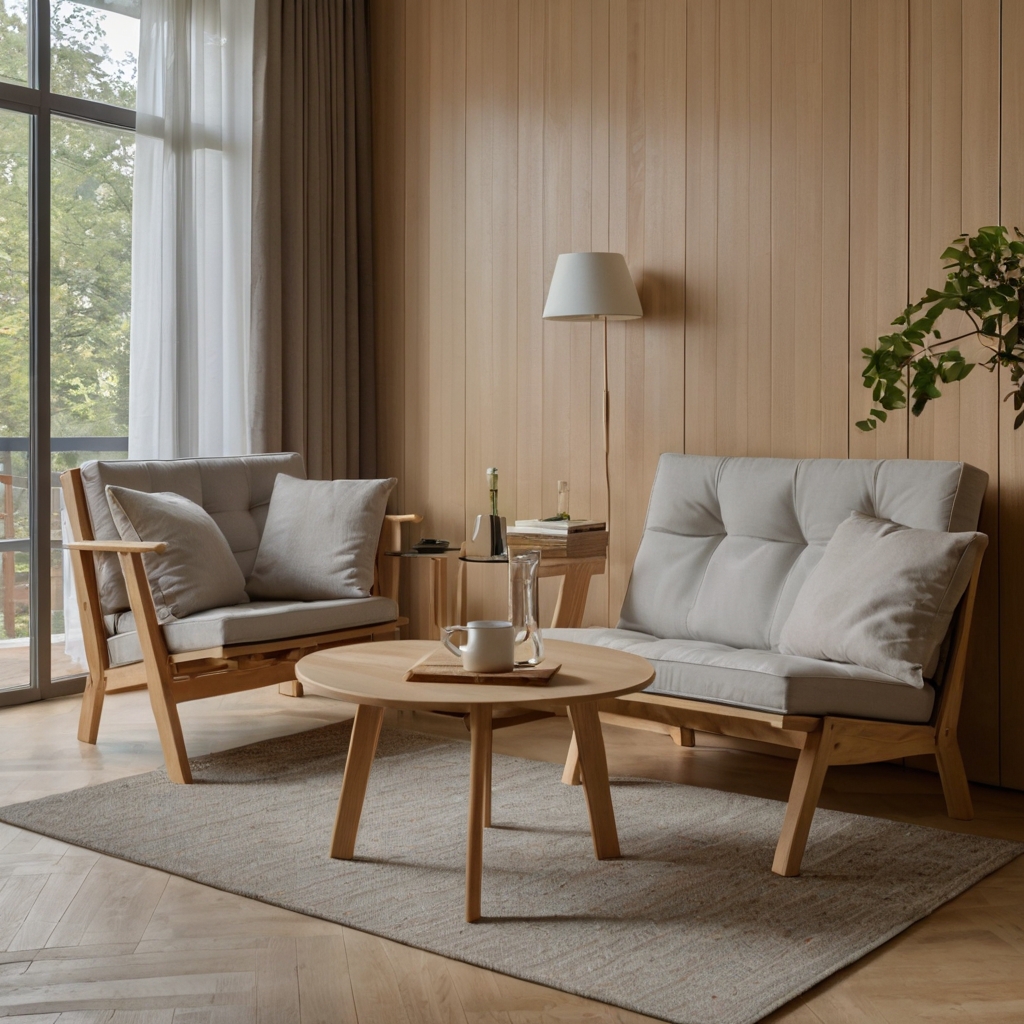 A compact apartment with a foldable wall-mounted dining table and neatly stacked chairs. The natural lighting highlights the space-saving design.