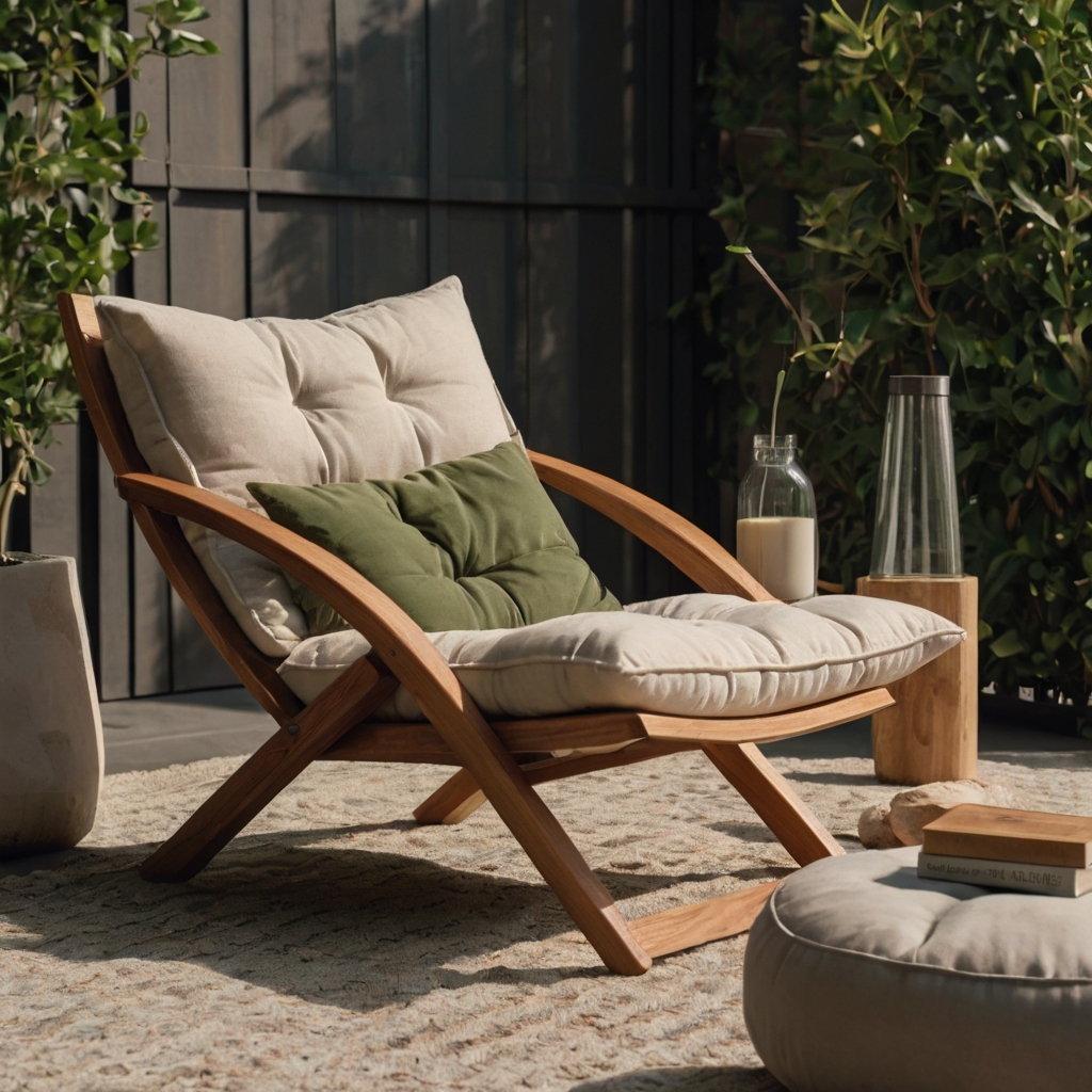 A cozy balcony corner with a sleek folding lounge chair draped in a soft blanket. A side table with a book and coffee adds a relaxing, functional touch.