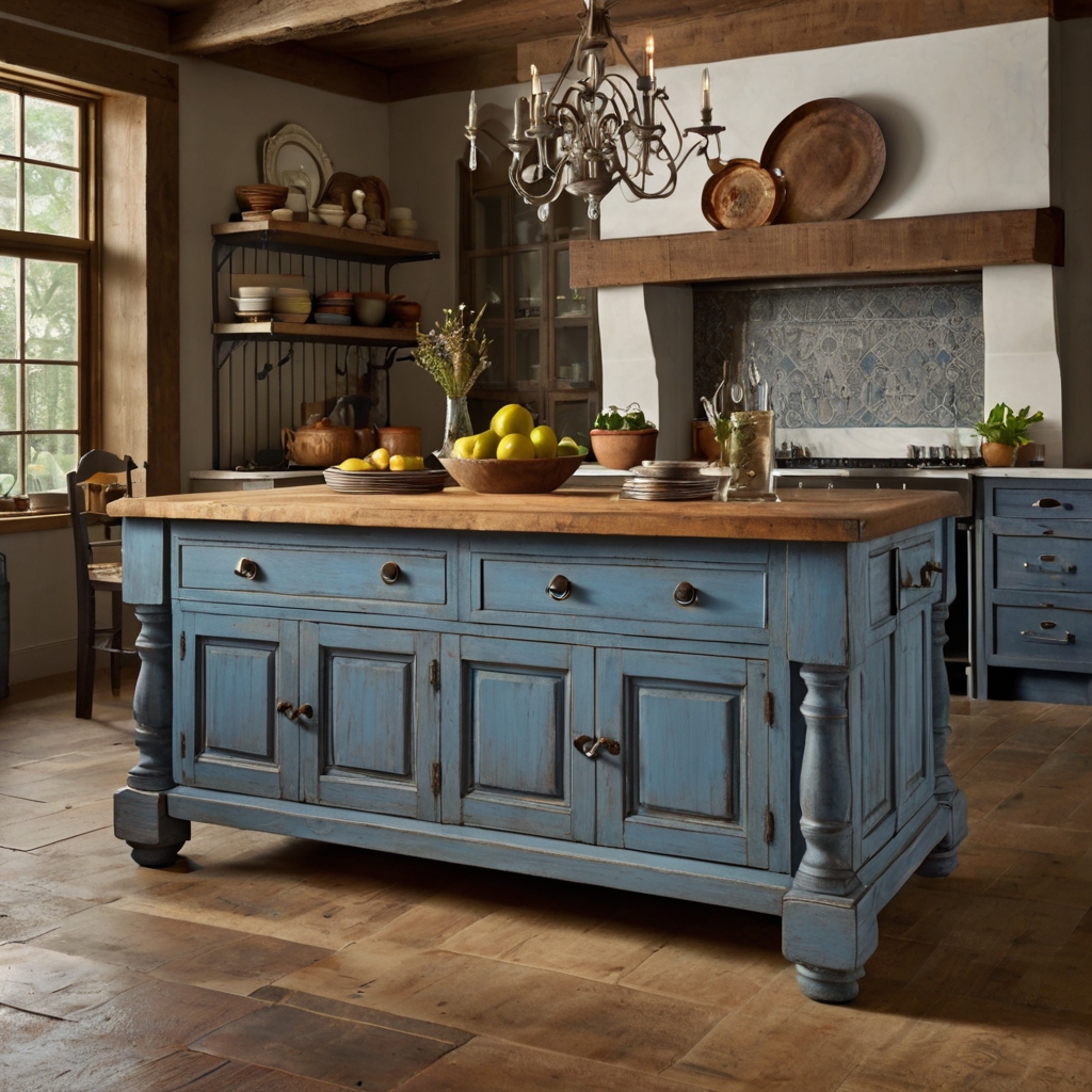 Make a statement with a French blue kitchen island that combines rustic natural wood and vintage touches. Soft lighting highlights its timeless charm.
