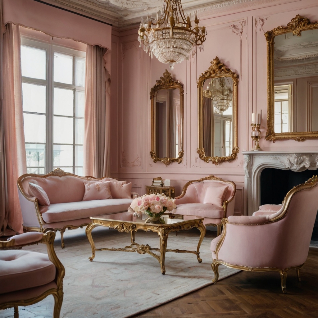 A soft pink couch in a Parisian-inspired living room with gilded mirrors. Diffused lighting adds refined elegance.