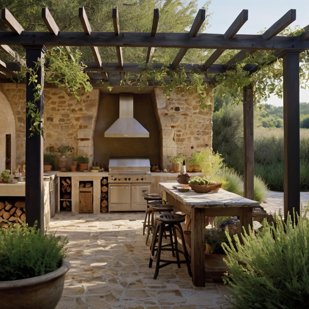 A picturesque French-style outdoor kitchen with limestone walls, a cast-iron stove, and lavender bushes. A charming countryside escape.