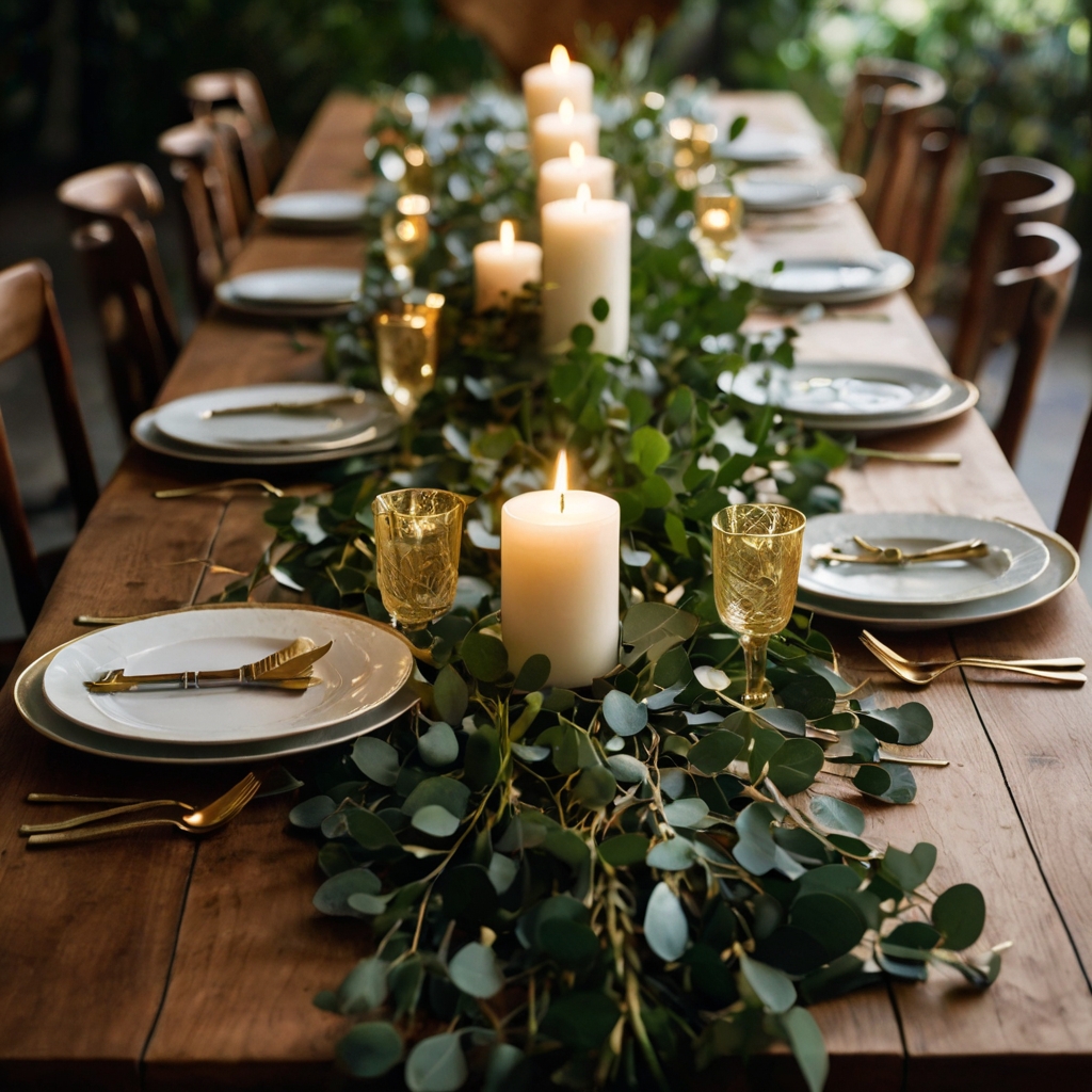 A eucalyptus runner with fairy lights cascades across a wooden table. Small candles nestled in the greenery create a warm, natural ambiance.