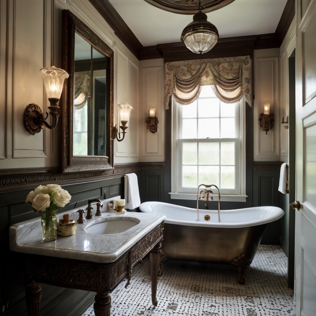 A restored Victorian bathroom with intricate moldings and bronze sconces. Hand-carved wooden accents and a porcelain sink elevate its antique charm.