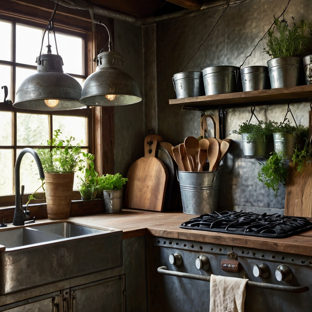 Rustic kitchen shelves with galvanized metal buckets holding herbs and essentials. Aged metal textures shine under warm lighting, blending farmhouse and industrial styles.