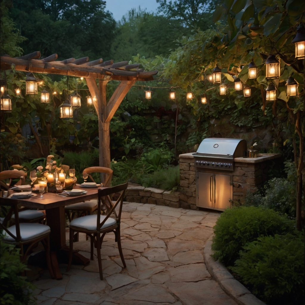 A hidden outdoor kitchen at the end of a stone pathway, surrounded by greenery, fairy lights, and rustic charm. A secret garden retreat.