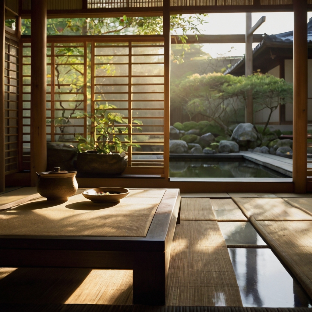 A tranquil tea house with shoji screens, a delicate tea set, and soft paper lanterns glowing in the evening.