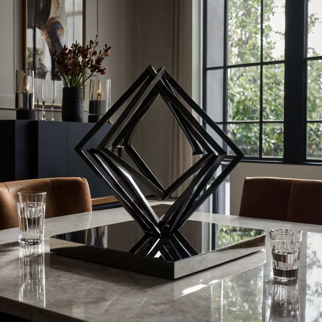 A black geometric metal sculpture sits on a mirrored tray in a sleek setting. Its sharp lines and reflections enhance the contemporary aesthetic.