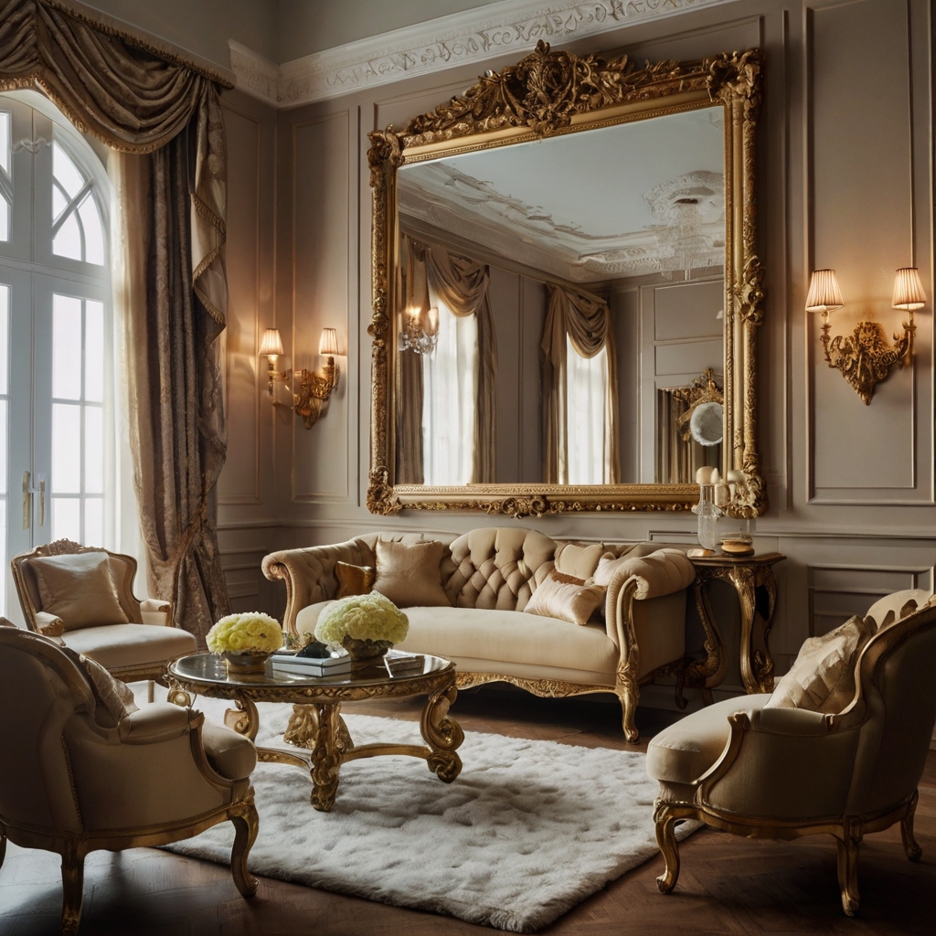 A gold-framed mirror reflecting natural light in a stylish living room. Paired with soft pink decor, it creates a refined look.