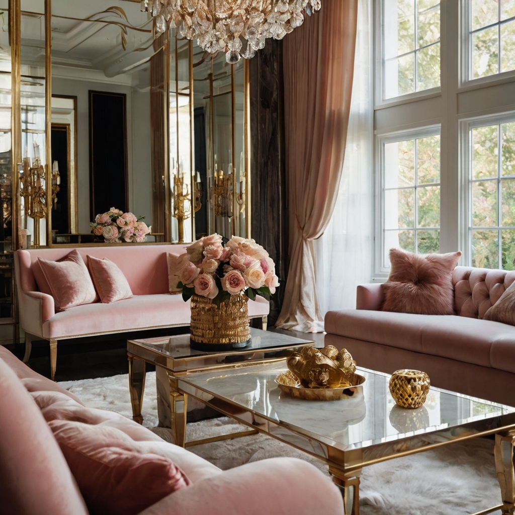 A glamorous space with mirrored furniture, a blush velvet sofa, and gold accents. A crystal chandelier adds a touch of luxury.