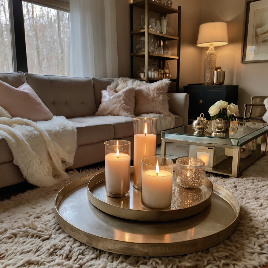 A cozy living room with champagne-toned decor and warm lighting. Gold trays and candles enhance the elegant look.