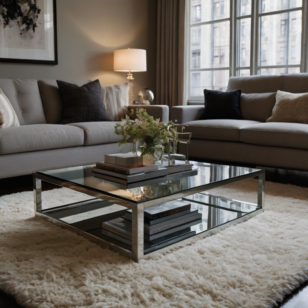 A sleek glass coffee table with a metal frame keeps the space airy. Light reflections create a sophisticated and modern feel.