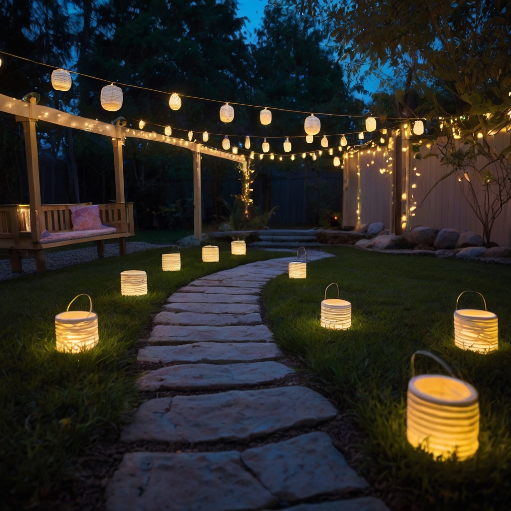 A glowing backyard with neon stepping stones, twirling light rings, and lanterns. Kids enjoy nighttime adventures in a magical wonderland.