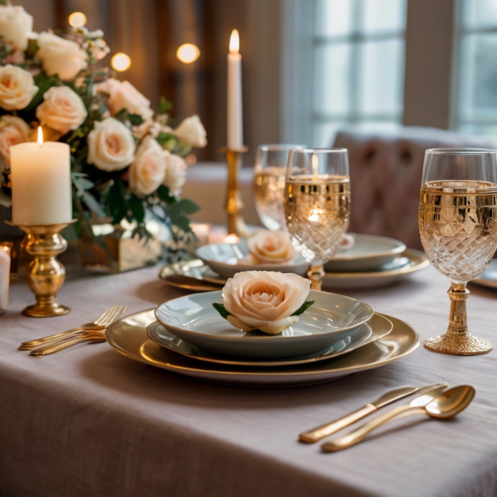 Gold-rimmed plates, candle holders, and foil napkin rings adding a sophisticated and luxurious touch to the décor.