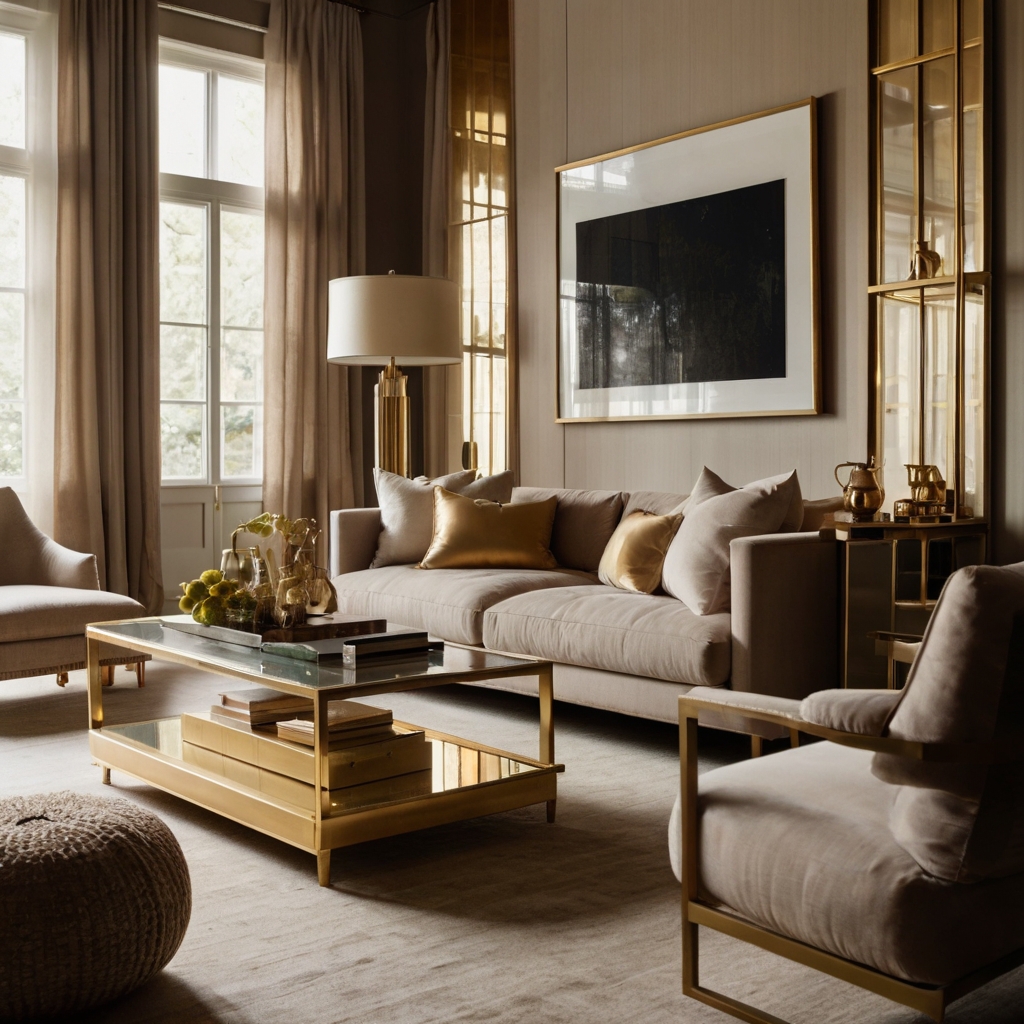 Brushed gold and brass accents subtly elevate a refined living space. Warm lighting highlights metallic details, adding understated glamour.