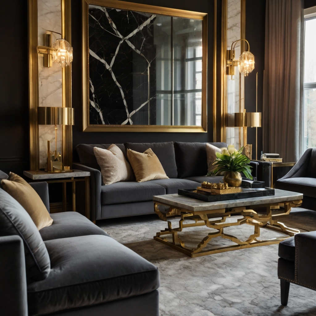 A grey velvet sofa is paired with a gold-detailed marble table for luxury. Crystal chandeliers reflect warm ambient light elegantly.