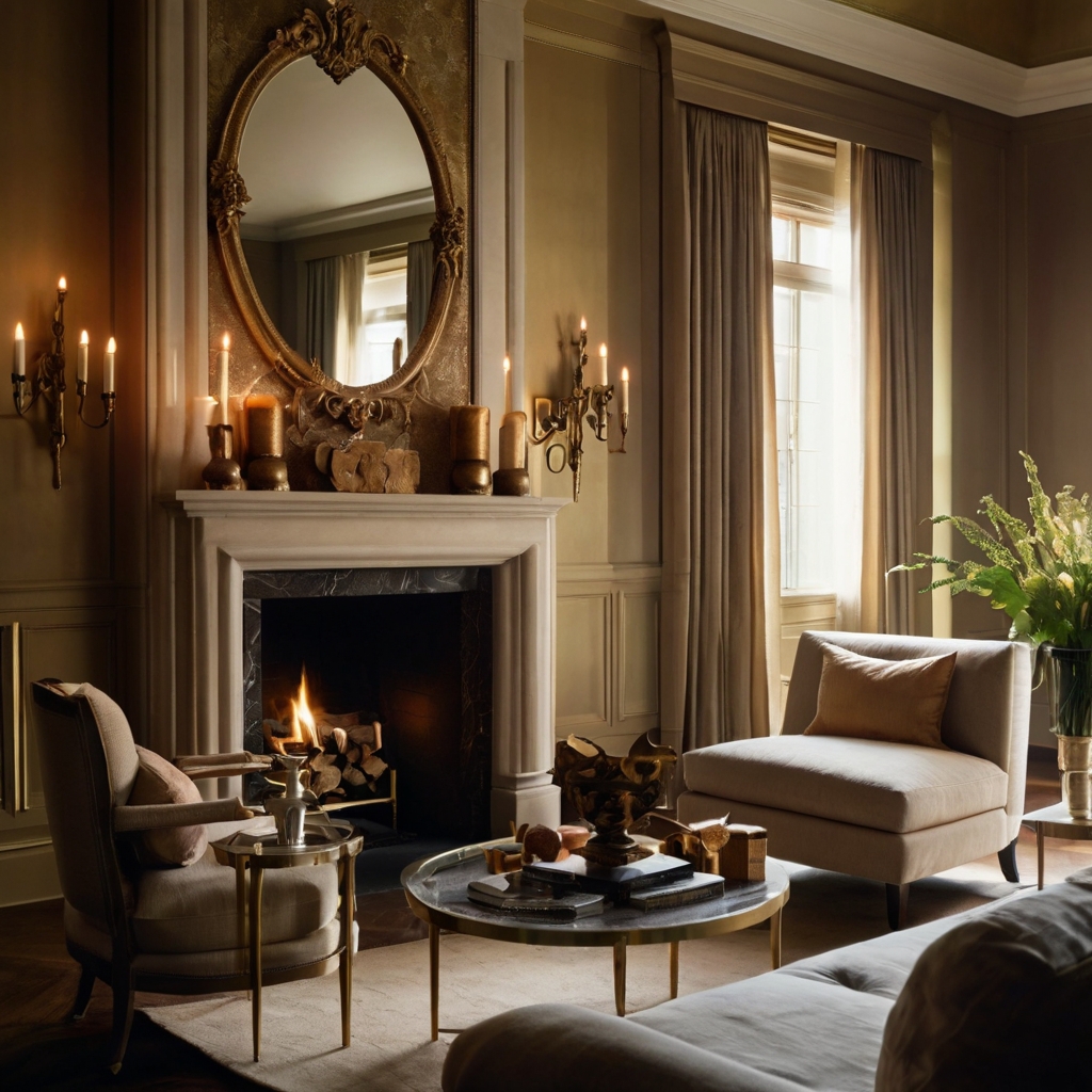 A grand stone fireplace serves as the focal point of a cozy yet elegant room. Velvet seating and soft lighting enhance the warm, inviting atmosphere.
