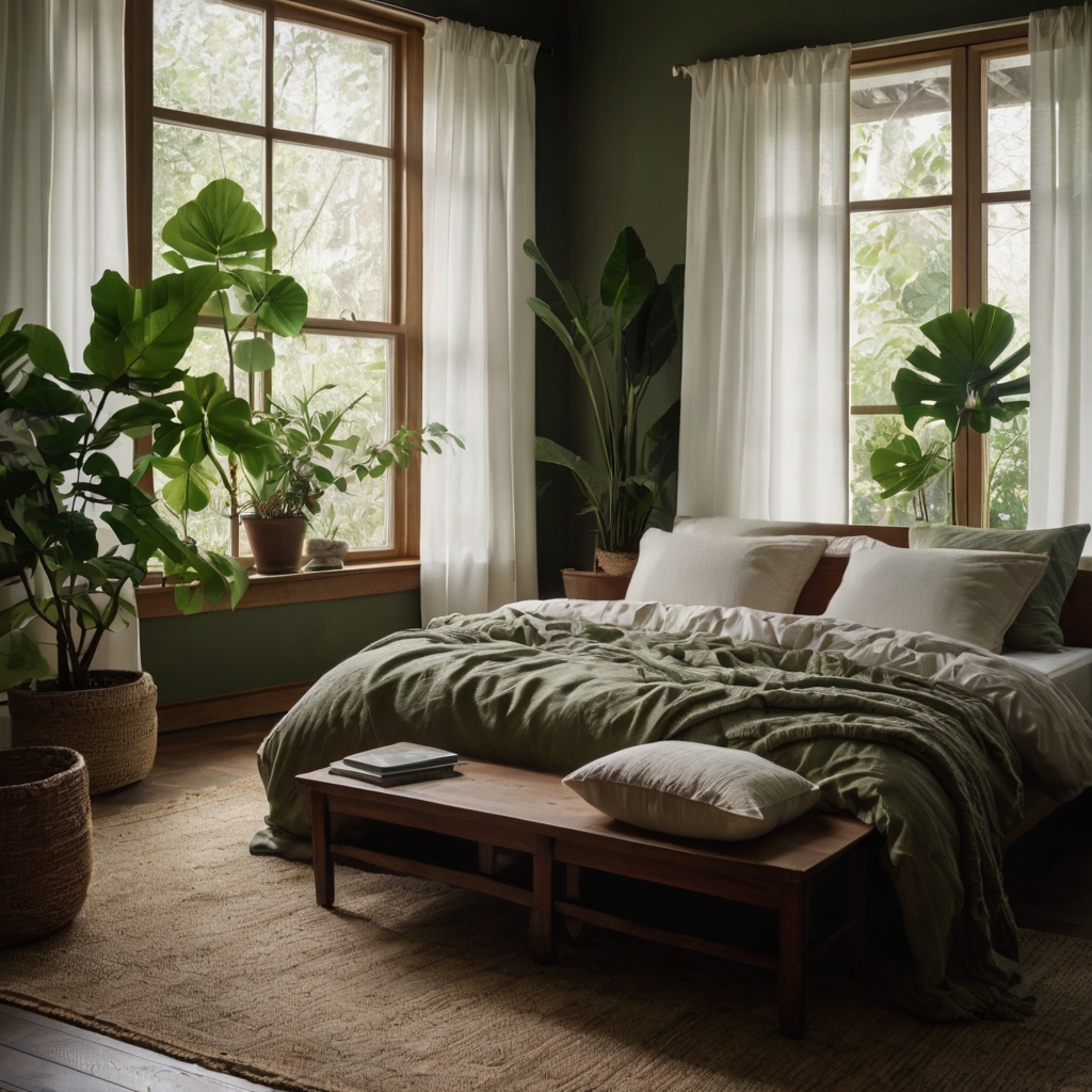 A serene bedroom where lush greenery complements neutral decor. Soft natural light filters through sheer curtains, enhancing the peaceful ambiance.