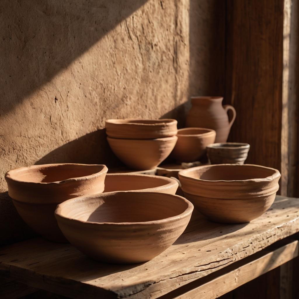 A wooden shelf with handcrafted clay bowls and vases in earthy tones. Natural sunlight highlights the raw textures and artisanal imperfections.