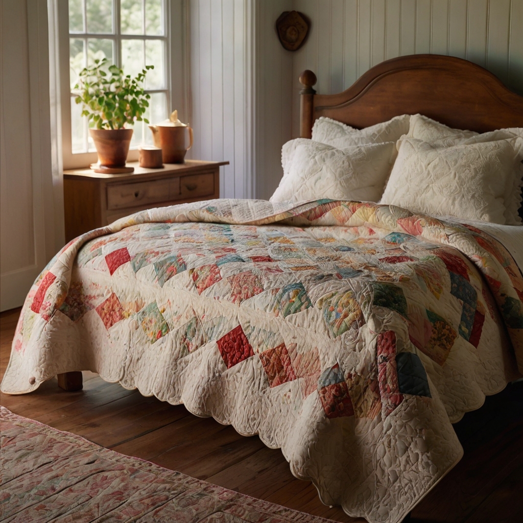 A farmhouse bedroom featuring a hand-stitched quilt with vintage floral patterns. Sunlight highlights the delicate stitching, creating a cozy, nostalgic feel.