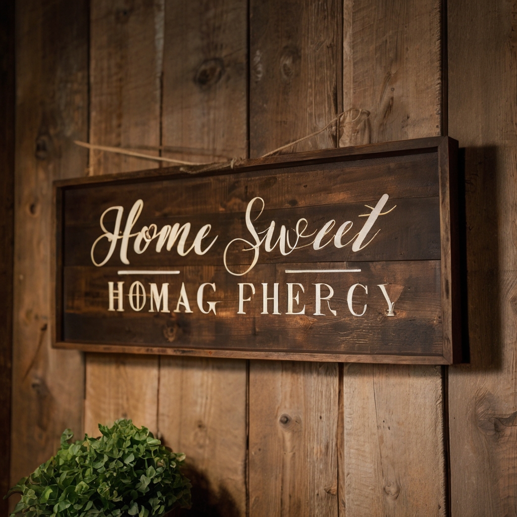 A reclaimed wood sign with handwritten calligraphy reading “Home Sweet Home.” Warm lighting enhances the rustic wood grain, adding a cozy farmhouse feel.