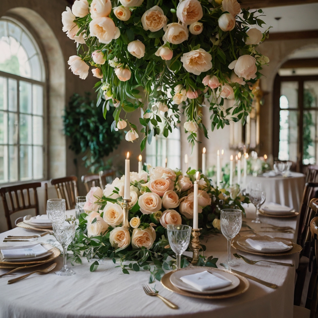 Floral chandeliers with cascading greenery, floating above the table for an elegant and dreamy setting.