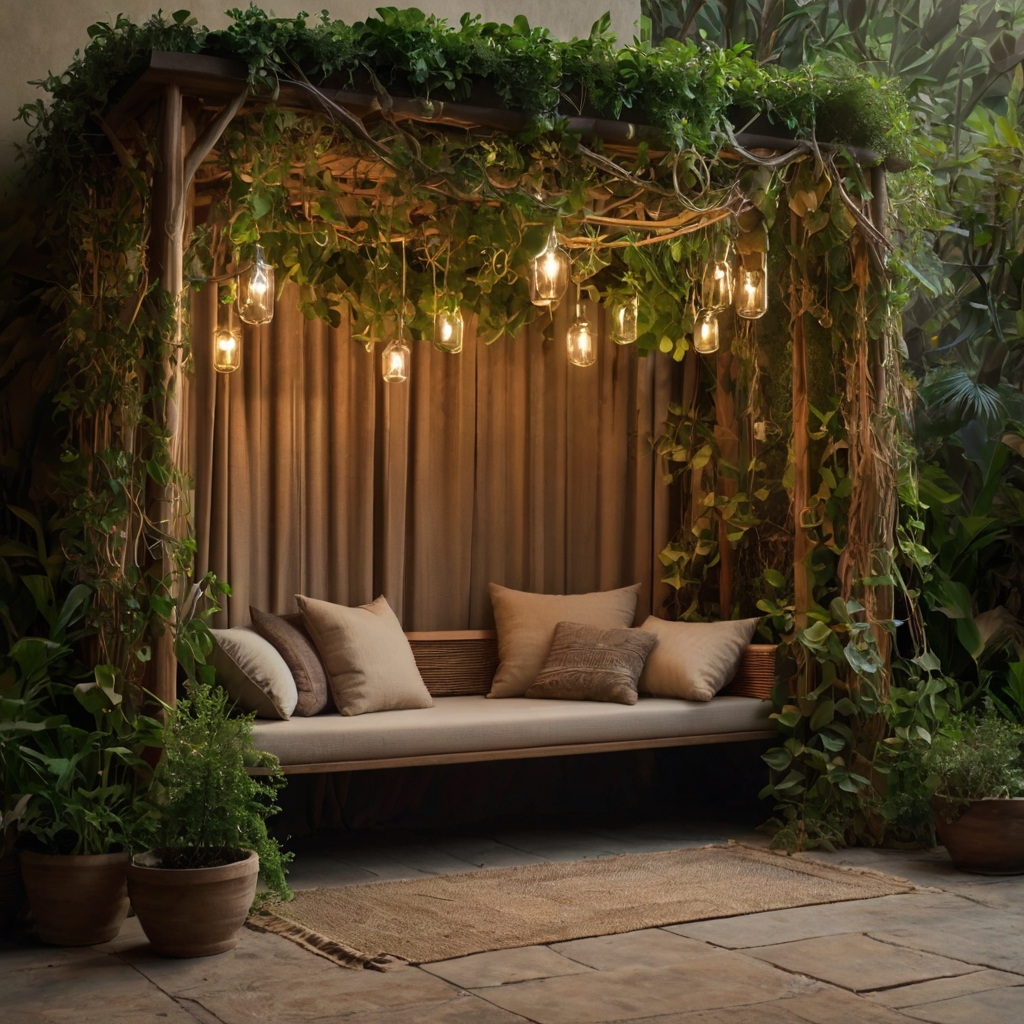 A peaceful alcove filled with hanging planters and earthy tones. Soft, warm lighting creates a fresh, natural ambiance in the space.