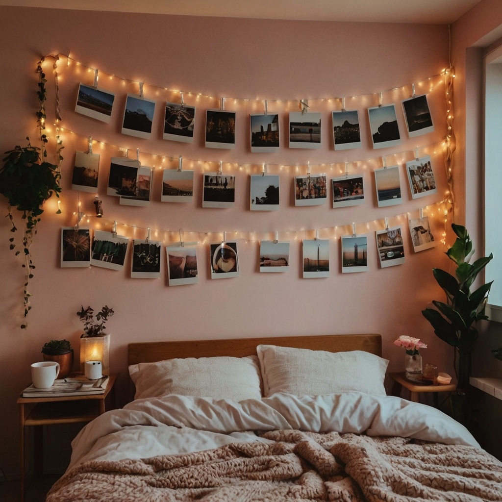 A string of polaroid photos clipped with fairy lights above a desk, creating nostalgia. The soft glow enhances the warmth and personalization of the space.