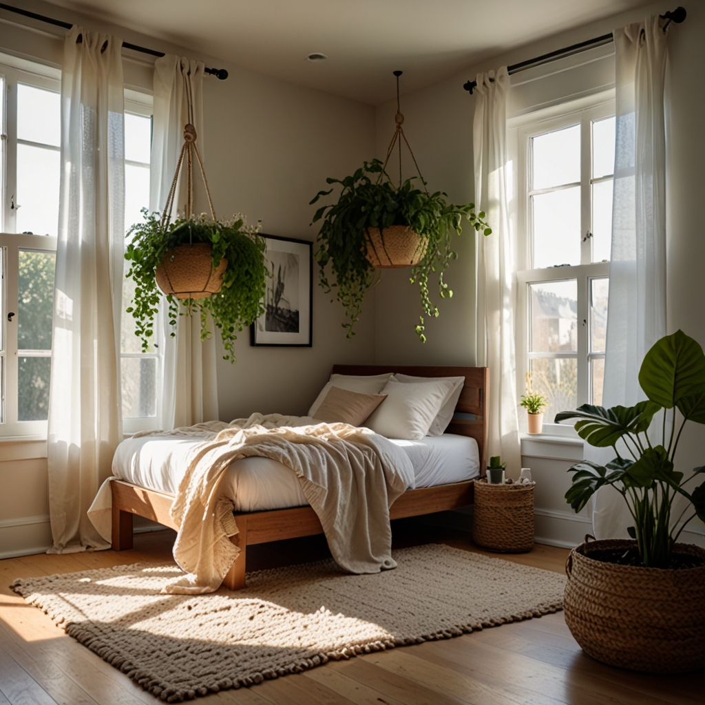 A bright bedroom corner with macrame hanging planters, adding lush greenery and a boho touch.