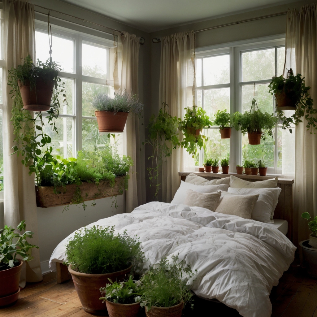 A tranquil bedroom with aromatic herbs in hanging planters and windowsill gardens. The gentle natural lighting enhances the refreshing atmosphere.